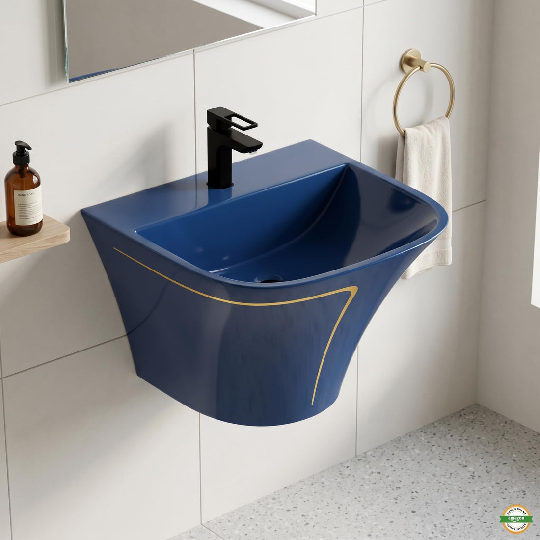 InArt wall mounted wash basin in blue glossy ceramic, rectangular slim rim, half pedestal bathroom sink
