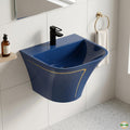 InArt wall mounted wash basin in blue glossy ceramic, rectangular slim rim, half pedestal bathroom sink