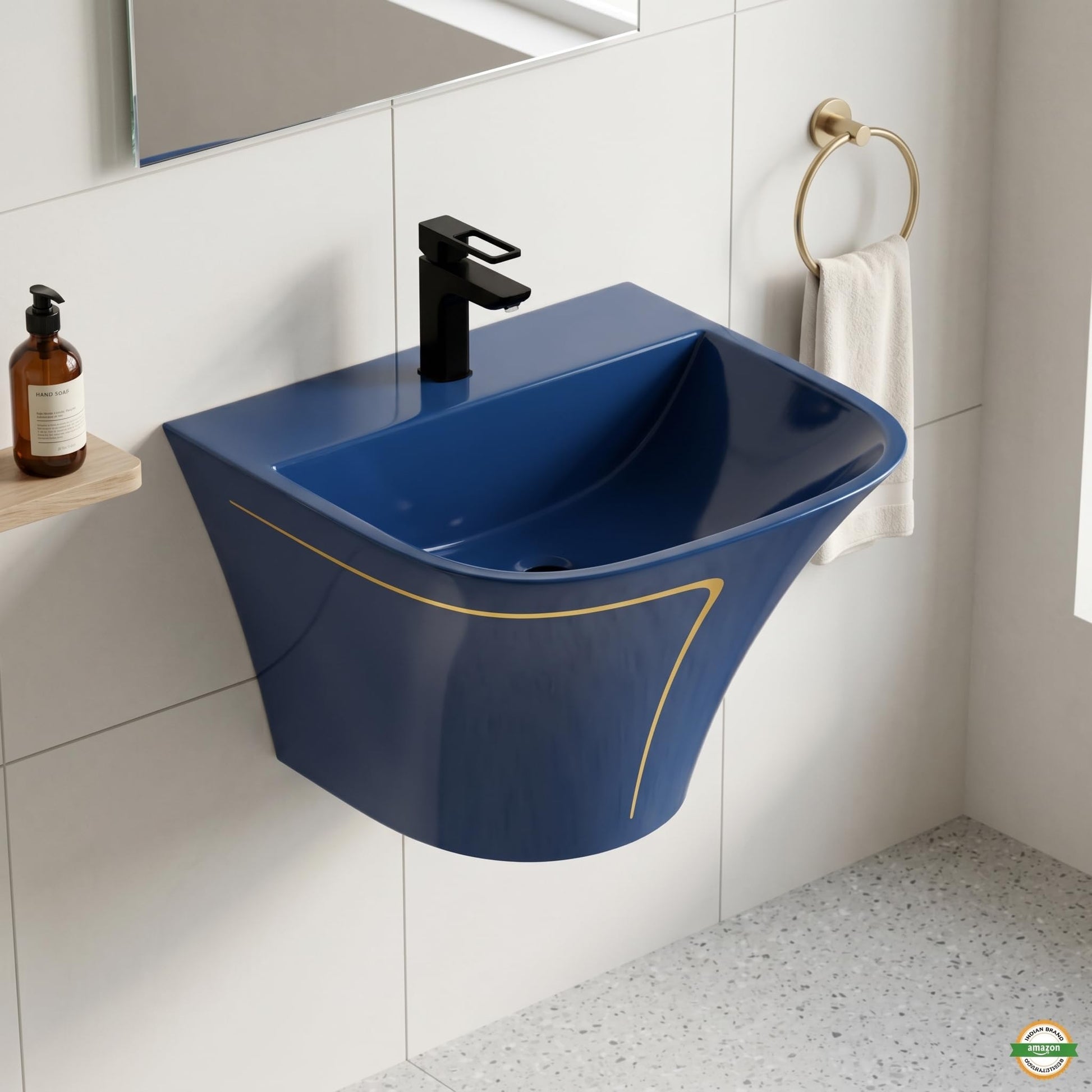InArt wall mounted wash basin in blue glossy ceramic, rectangular slim rim, half pedestal bathroom sink