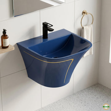 InArt wall mounted wash basin in blue glossy ceramic, rectangular slim rim, half pedestal bathroom sink