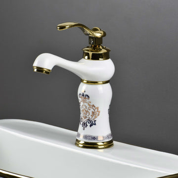 InArt washing basin tap in gold white glossy finish, zinc alloy waterfall spout with ceramic cartridge