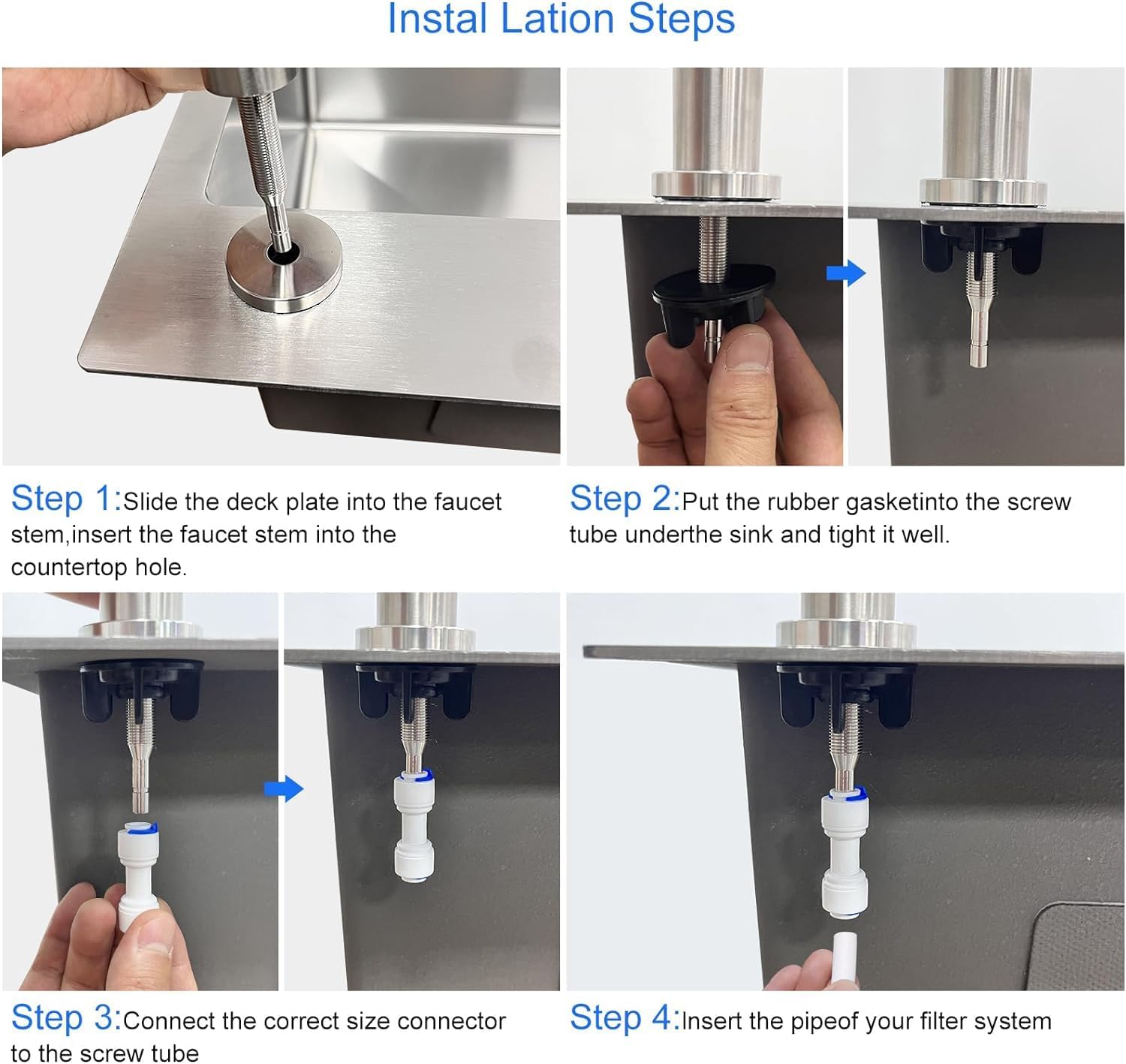 Close-up of InArt stainless steel water purifier tap with brushed nickel finish, smooth lever handle