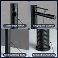 Designer basin mixer tap matte black, 3/4 angle view showing 12 inch height and sleek spout