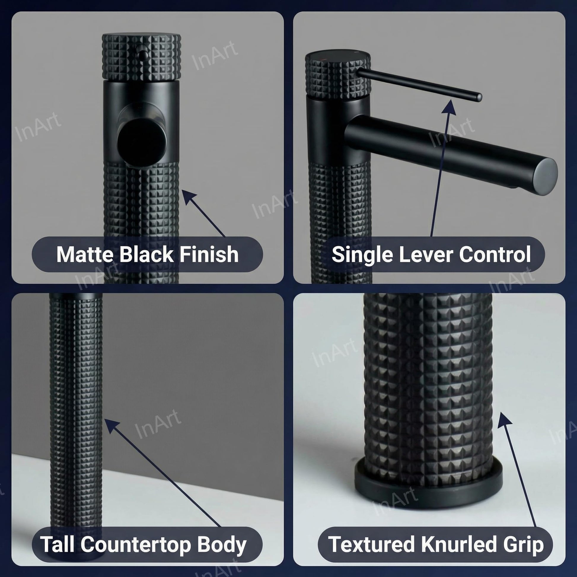 Designer basin mixer tap matte black, 3/4 angle view showing 12 inch height and sleek spout