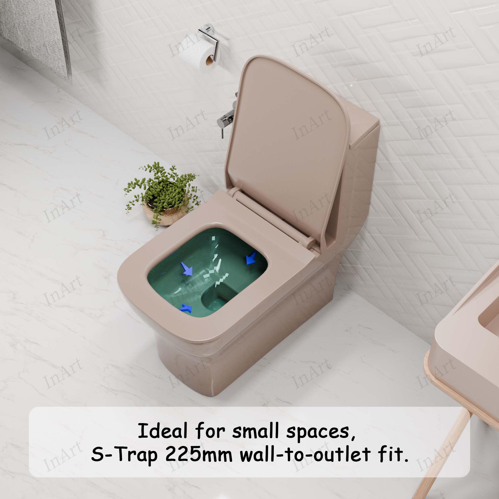 S-trap 220 mm outlet detail on pink ceramic floor mounted western toilet commode, plumbing view