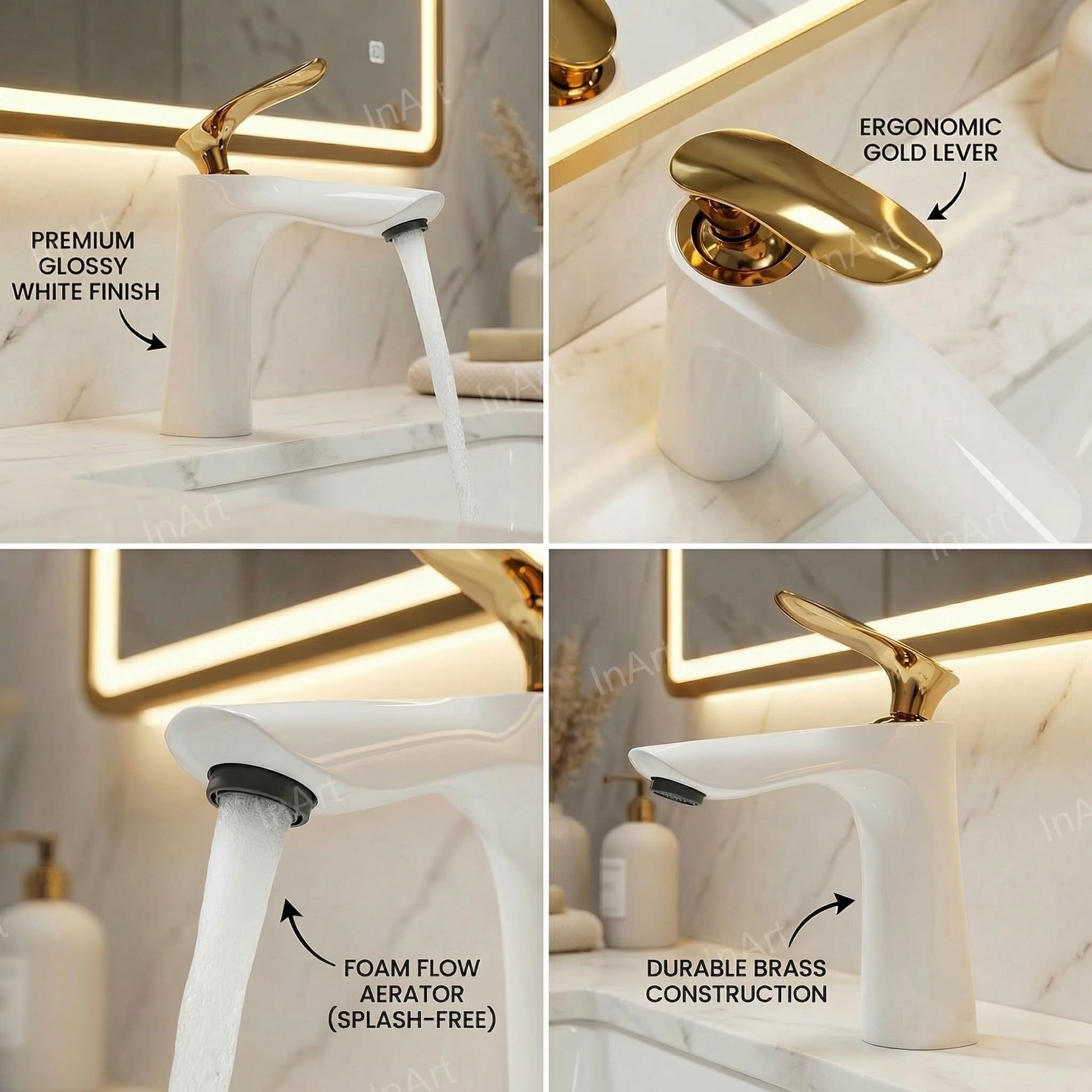 Modern sink basin tap with single lever control, side angle view in golden white brass finish