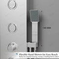 Rainfall shower head detail on chrome shower panel for bathroom, wide rain spray plate in stainless steel