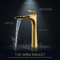 Golden tap for wash basin, 3/4 angle view of long pillar tap for home bathroom