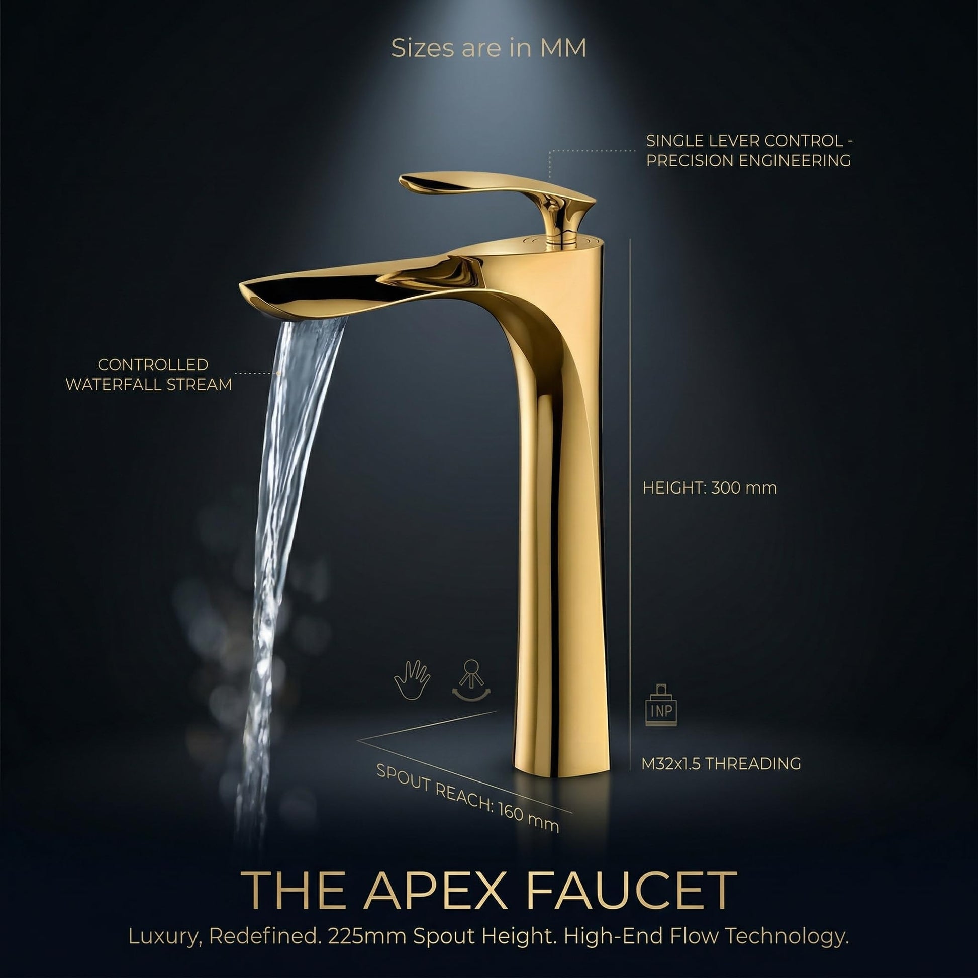 Golden tap for wash basin, 3/4 angle view of long pillar tap for home bathroom