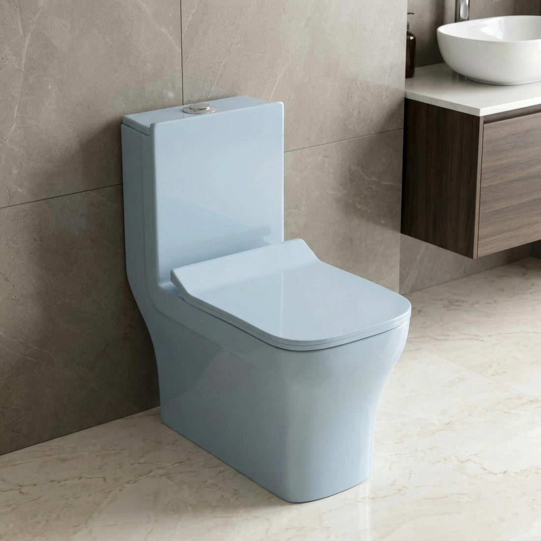 InArt single piece western toilet in light blue ceramic, elongated one-piece commode front view