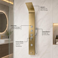 Gold shower panel set for bathroom, right angle view showing hand shower, tub spout and control knobs