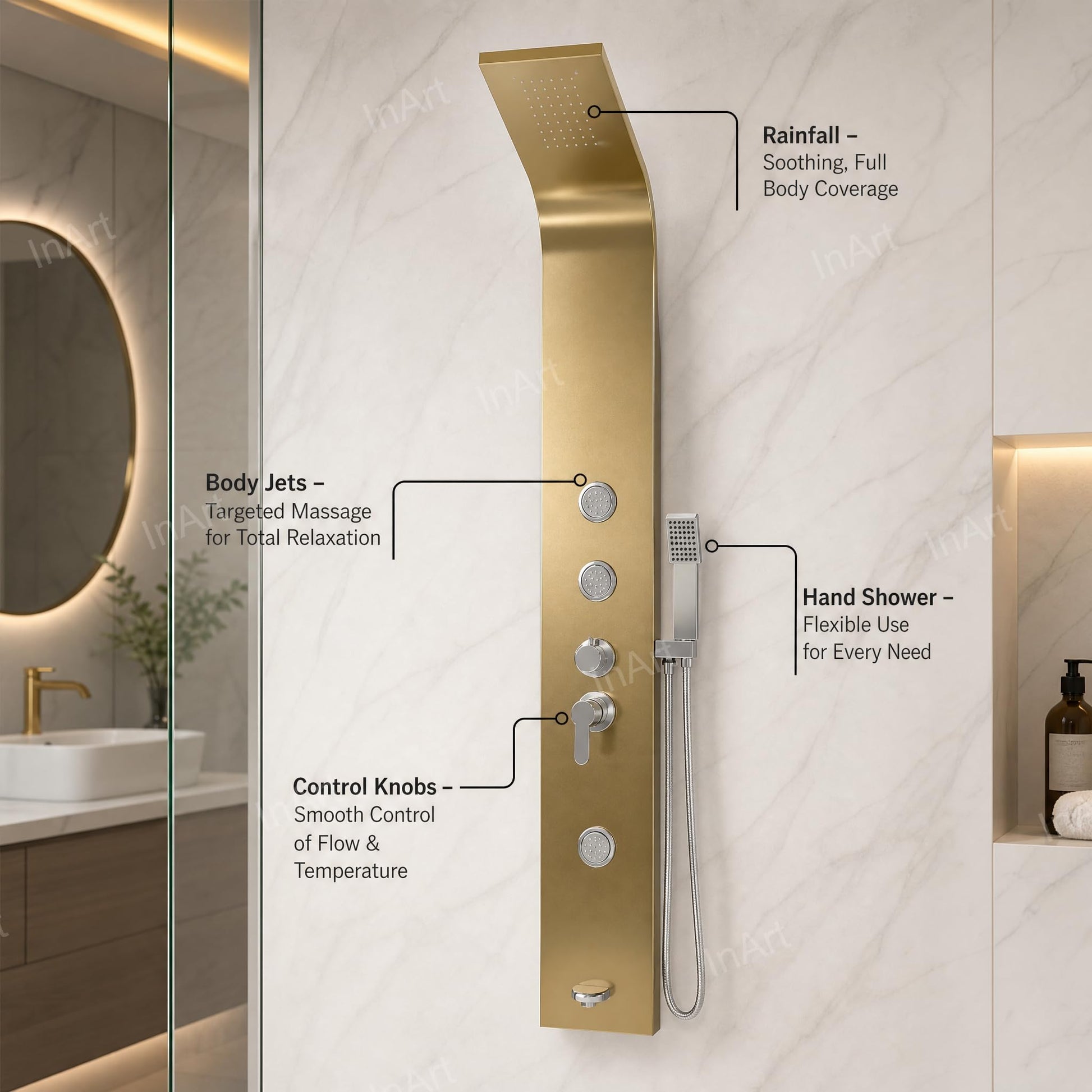 Gold shower panel set for bathroom, right angle view showing hand shower, tub spout and control knobs