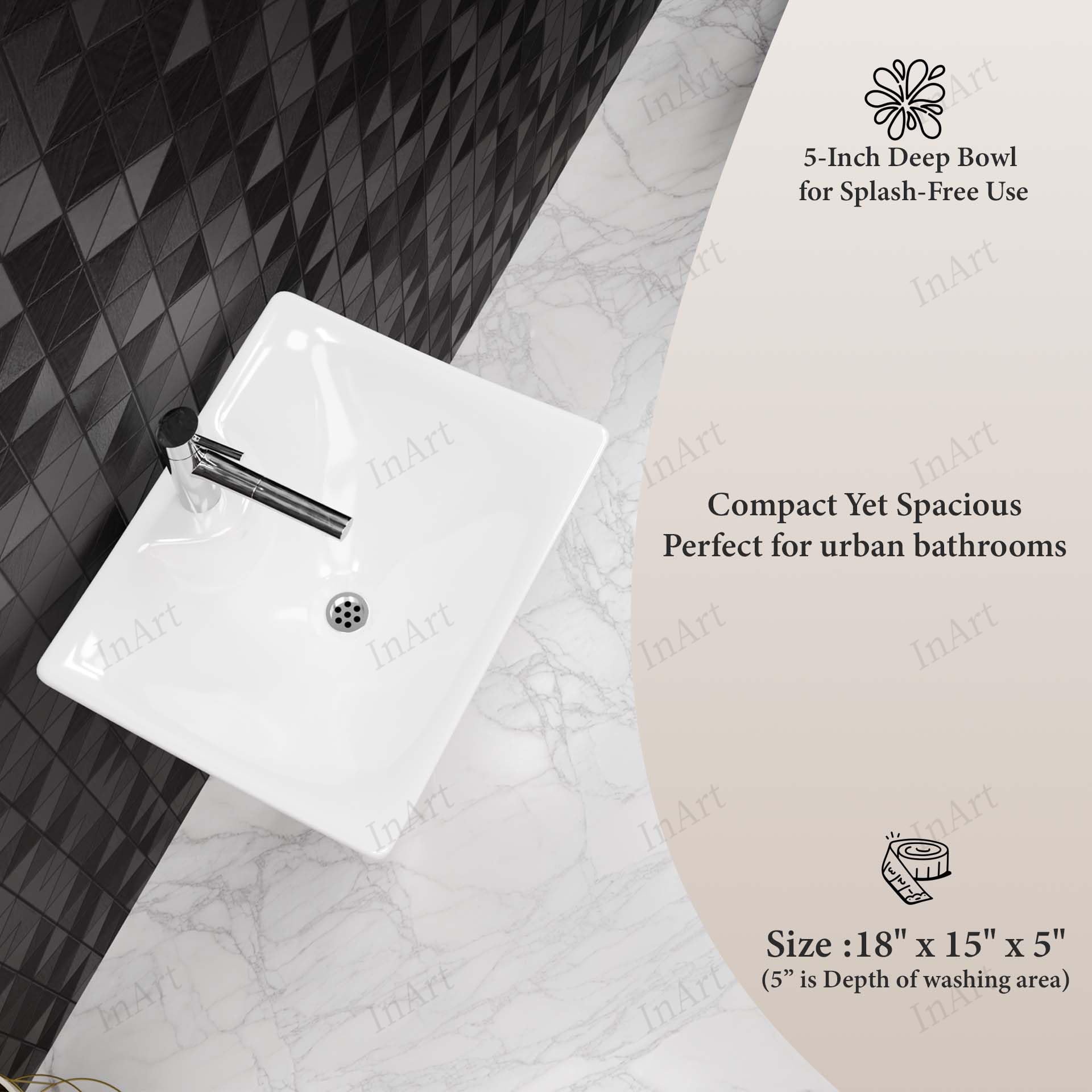 InArt wash basin and pedestal set in glossy white, rectangular ceramic basin with clean edges detail