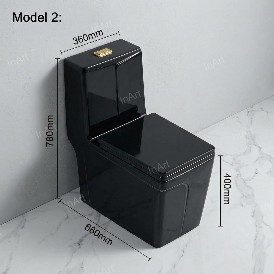 Cera single piece commode style InArt glossy black ceramic rectangular one piece western toilet, front view