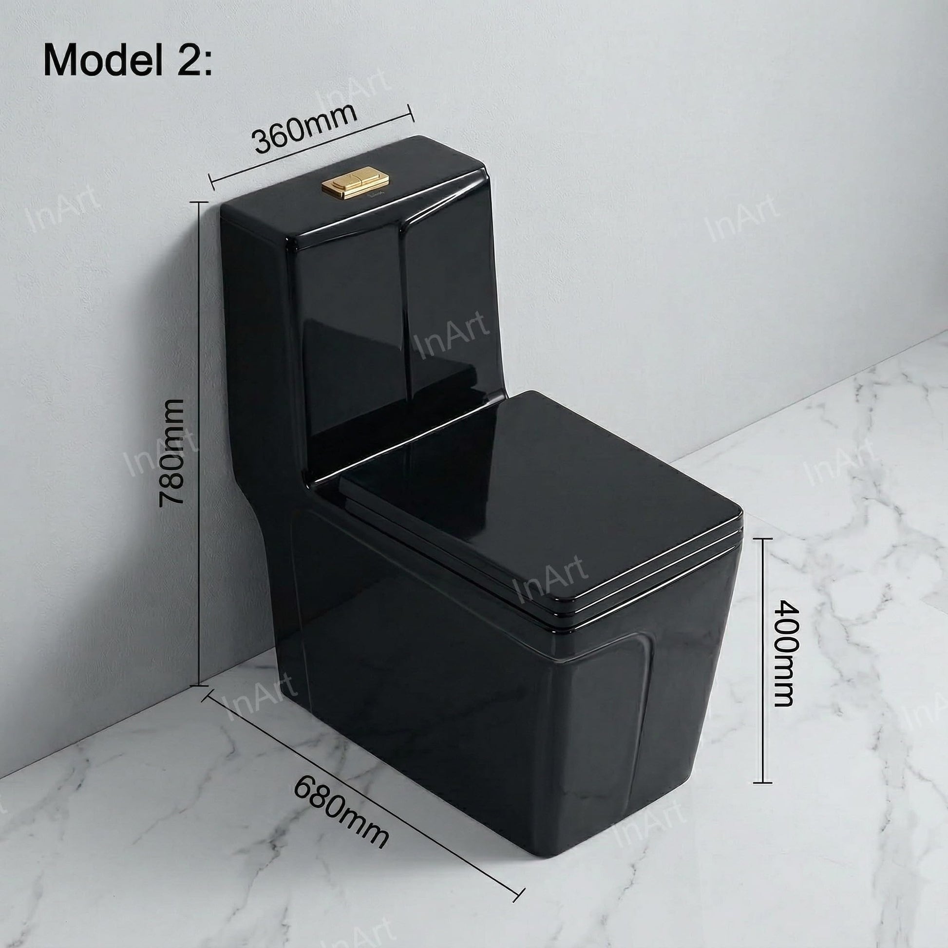 InArt one piece closet glossy black ceramic commode, 3/4 angle view for modern Indian bathroom