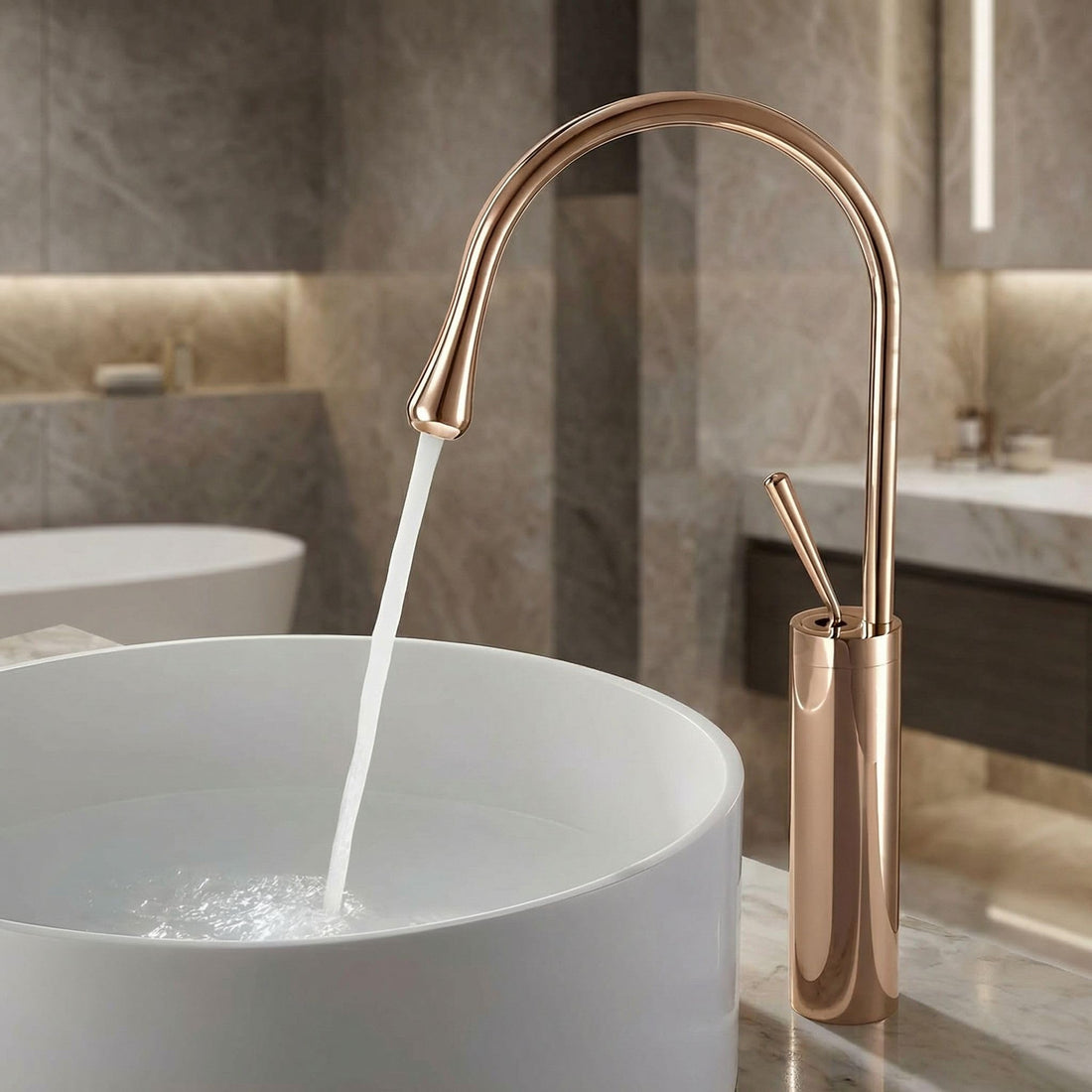 InArt single lever basin mixer in rose gold brass, high neck long body pillar tap for wash basin