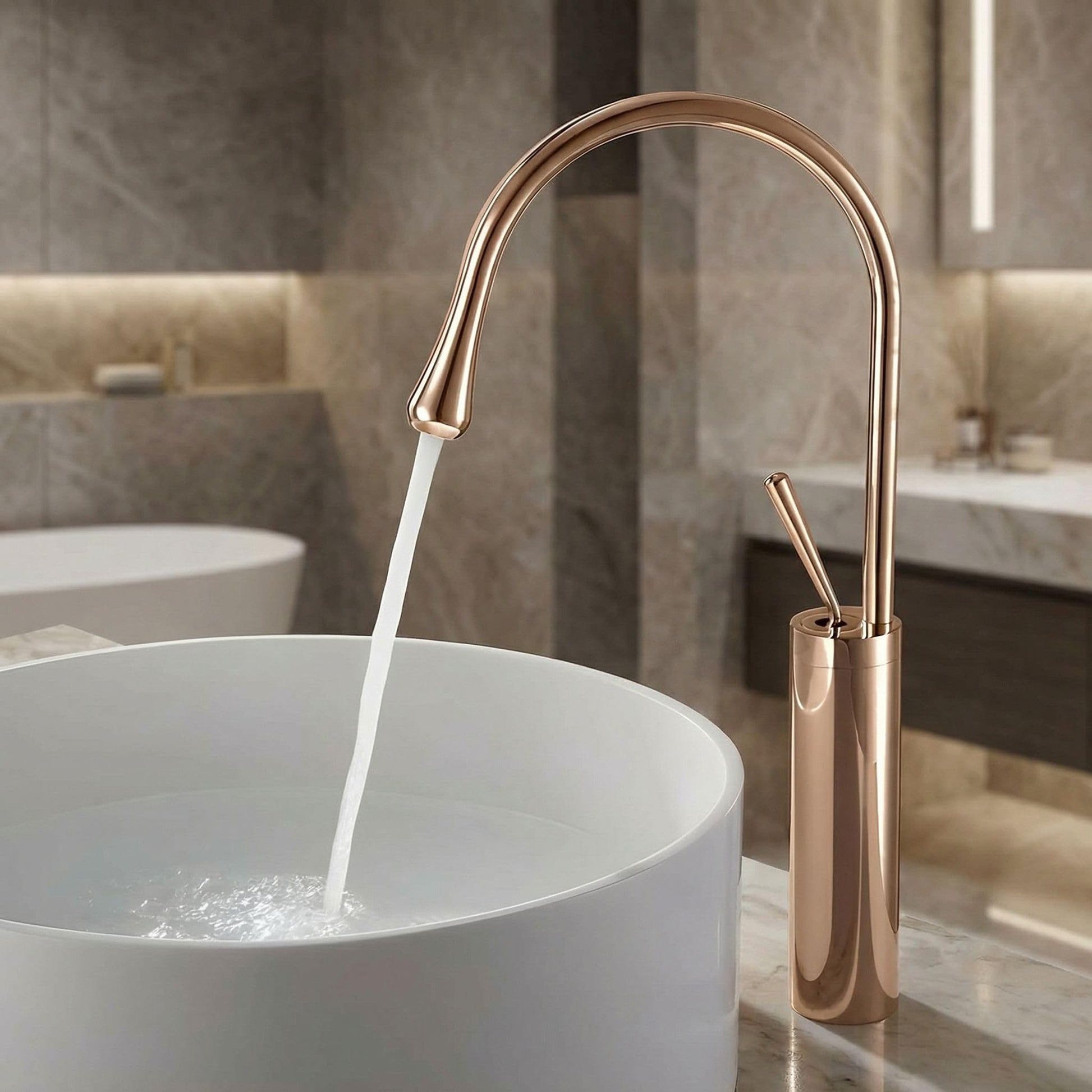 InArt single lever basin mixer in rose gold brass, high neck long body pillar tap for wash basin