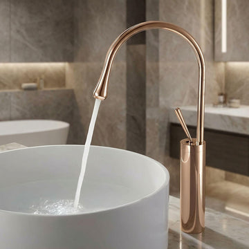 InArt single lever basin mixer in rose gold brass, high neck long body pillar tap for wash basin