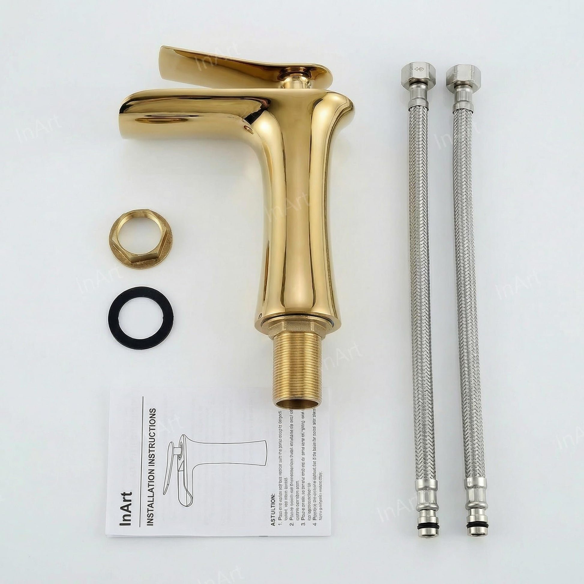 InArt brass single lever basin mixer tap, waterfall spout and gold finish for stylish Indian washroom