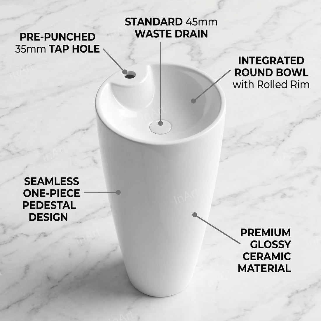 Buy pedestal wash basin online – InArt glossy white ceramic round one piece pedestal wash basin, front view