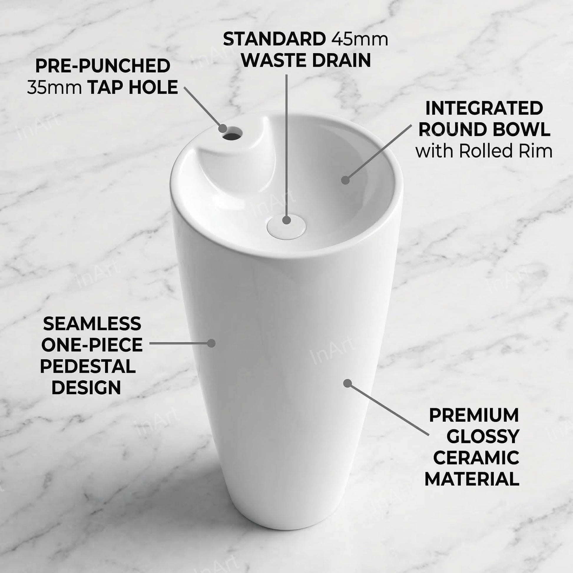InArt designer pedestal wash basin in glossy white ceramic, round free standing basin angled side view