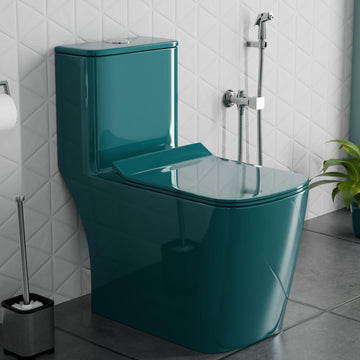InArt single piece western toilet in green ceramic, square rimless floor mounted commode front view