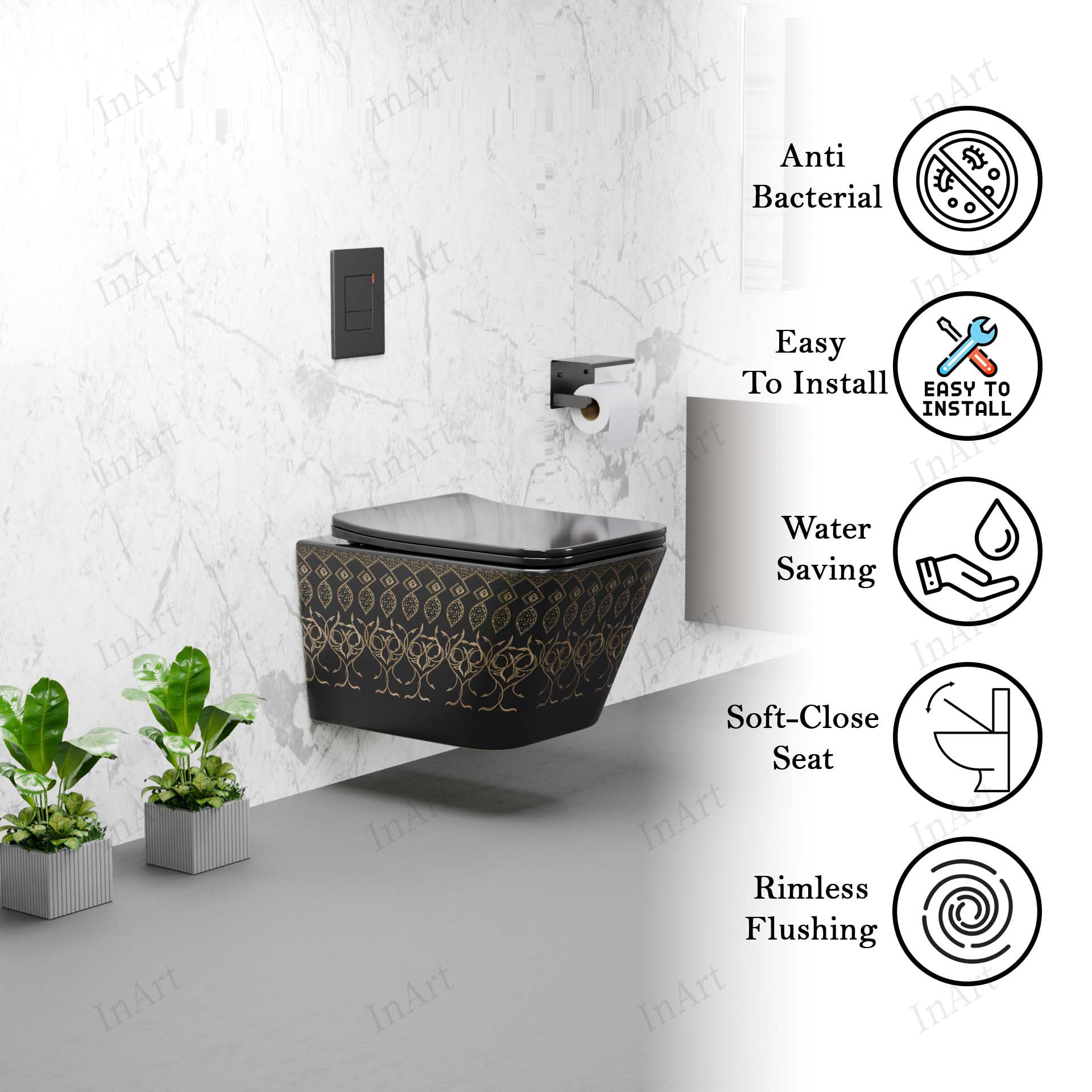Modern bathroom wall mounted WC in matte black, rimless ceramic commode rear angle view