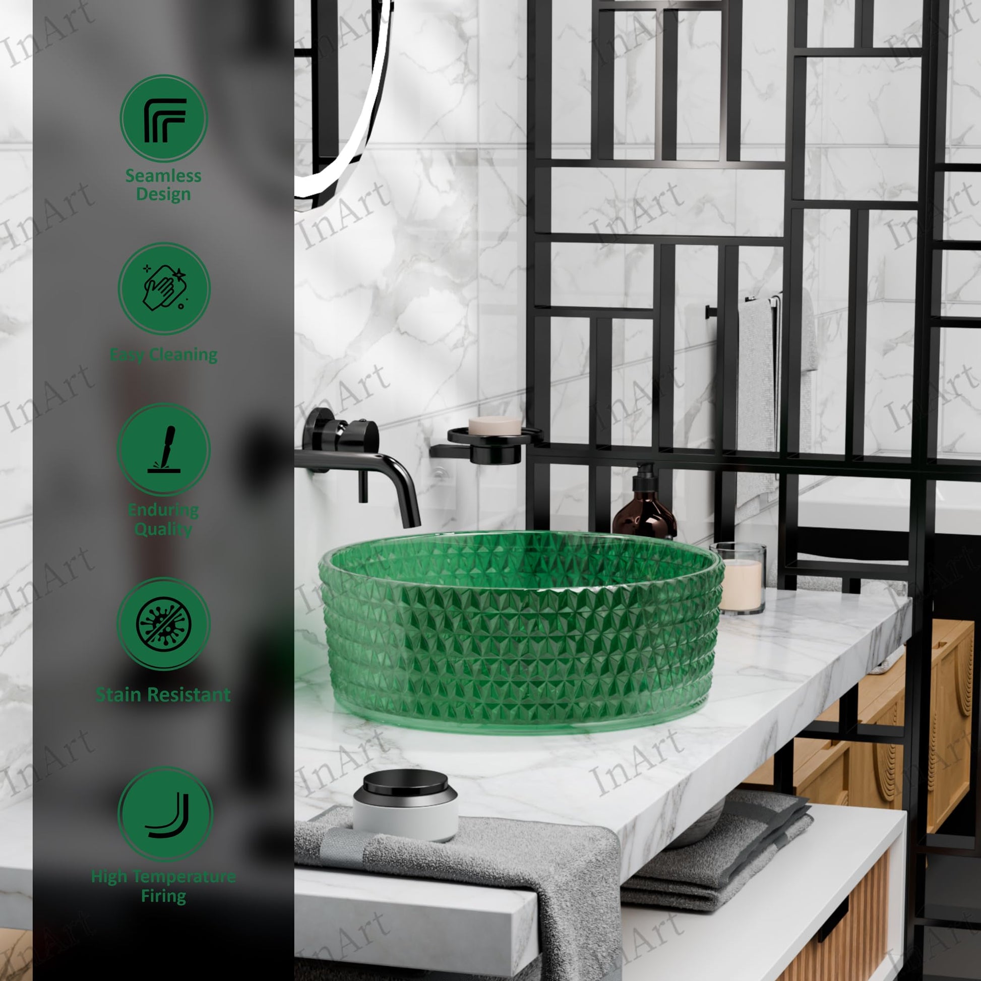 InArt green glass table top wash basin, round modern basin, pedestal wash basin alternative