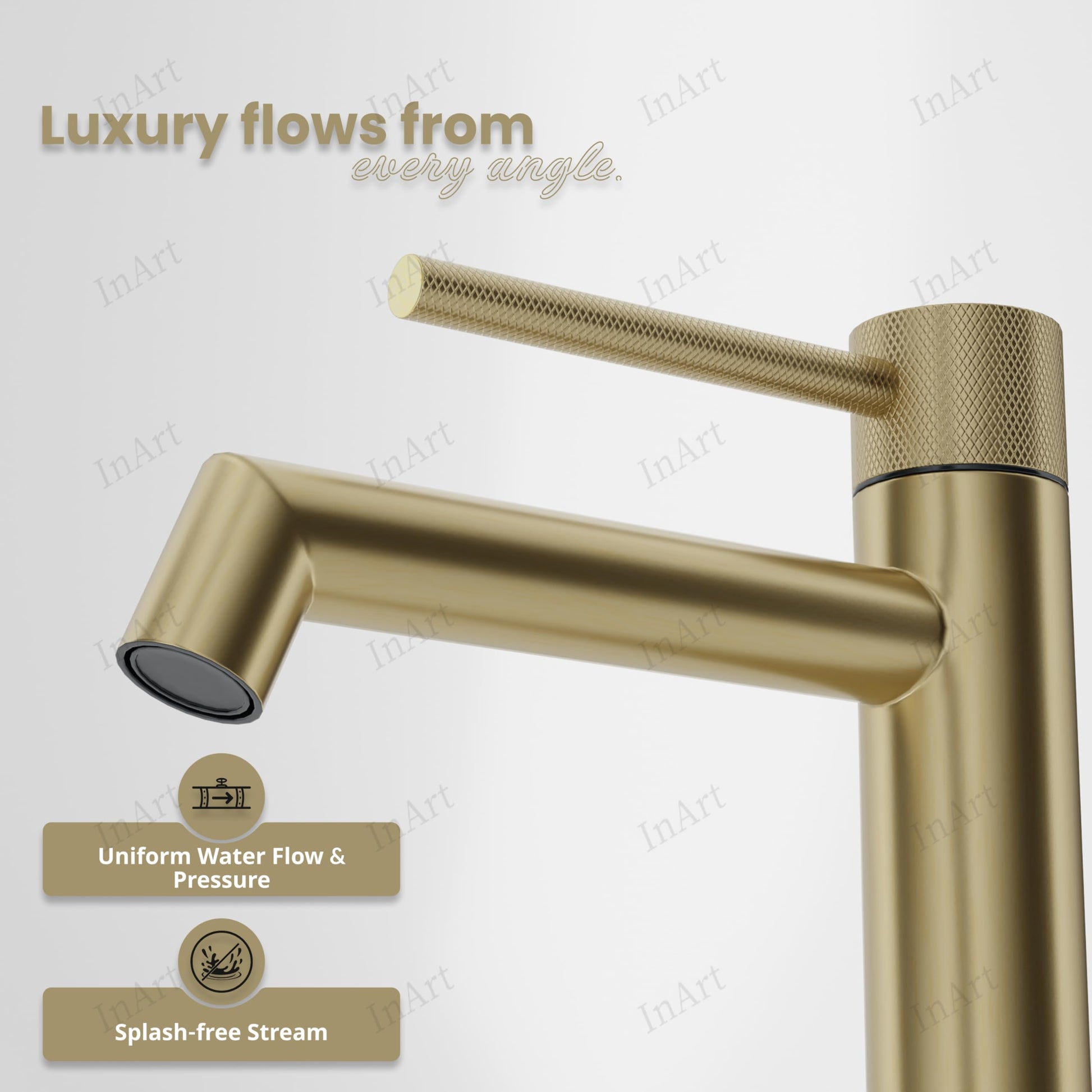 InArt brushed gold pillar cock for wash basin SS 304, long neck high neck tap shown at 3/4 angle