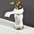 InArt wash basin mixer, deck mount single handle tap in glossy gold white, side angle view