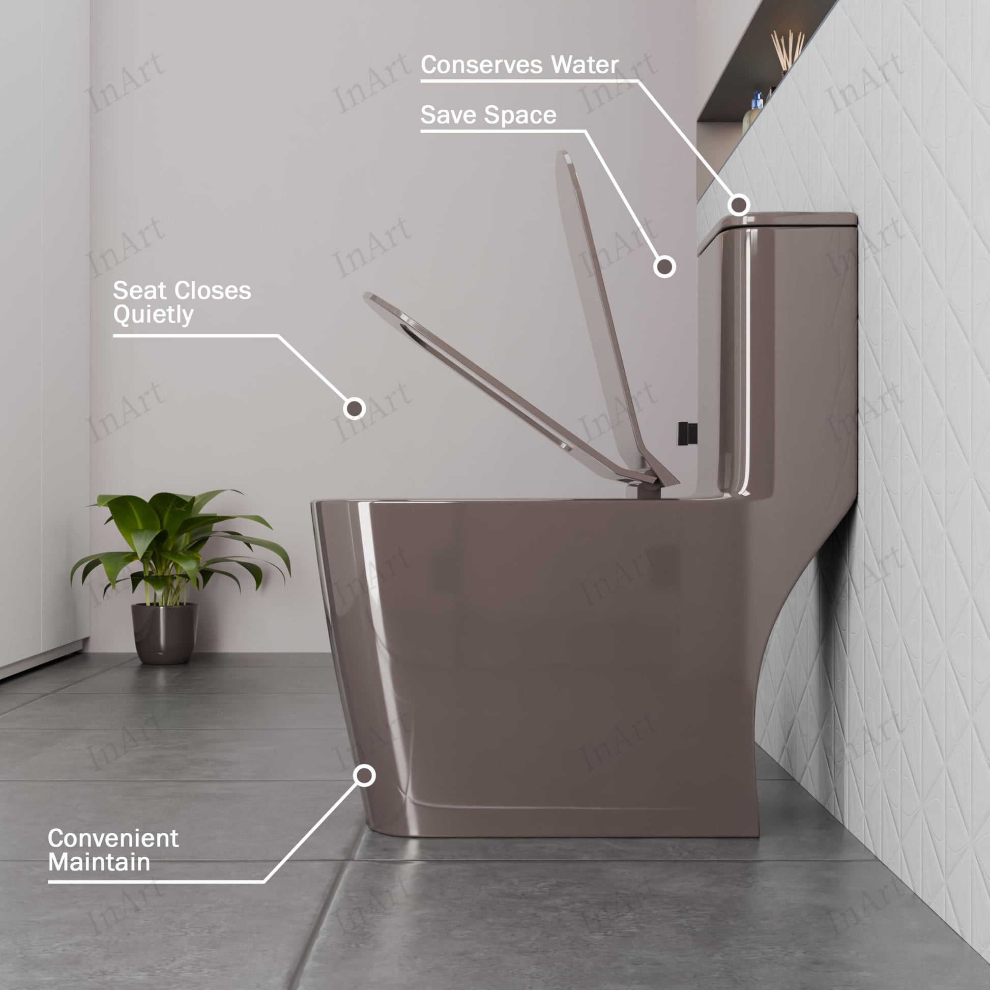 Brown square ceramic western toilet commode for modern washroom, floor mounted one piece design lifestyle view