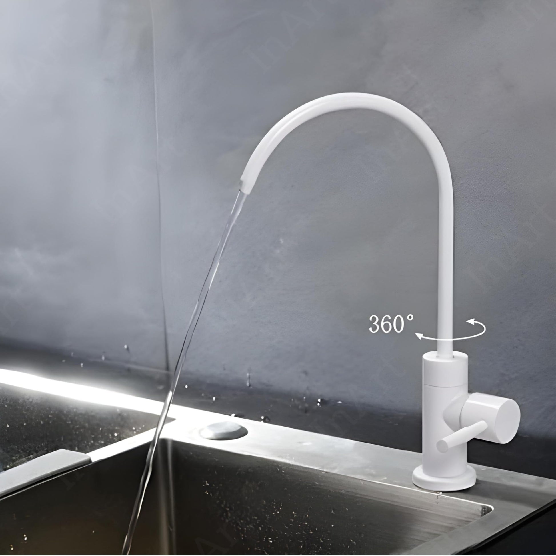 InArt drinking water tap for kitchen sink, white glossy SS304 RO tap, side angle with 360° swivel spout
