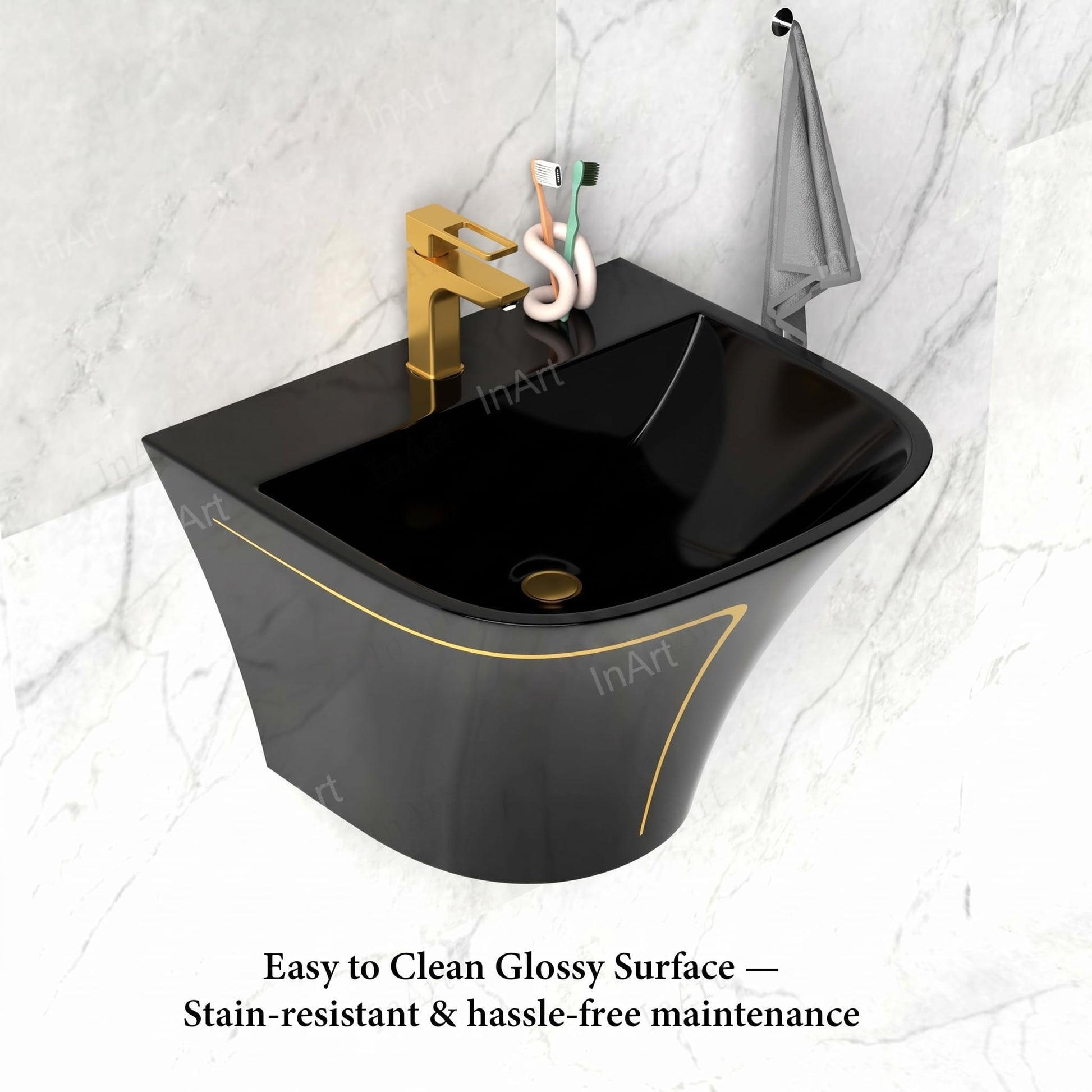 InArt half pedestal wash basin with slim rim, glossy black ceramic finish, close-up of basin edge detail