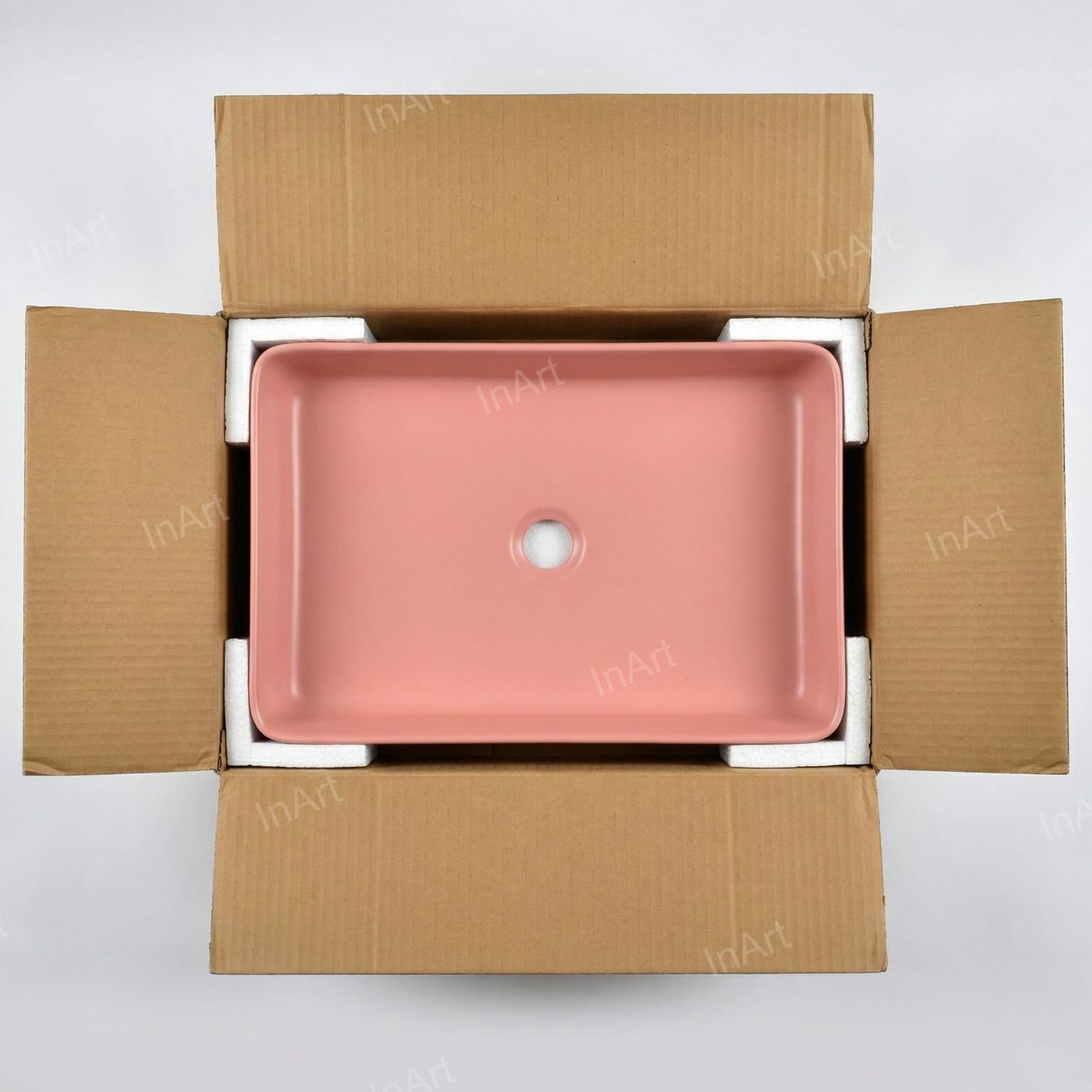 InArt ceramic vanity wash basin for bathroom, 62 x 35 cm pink rectangular table top basin design