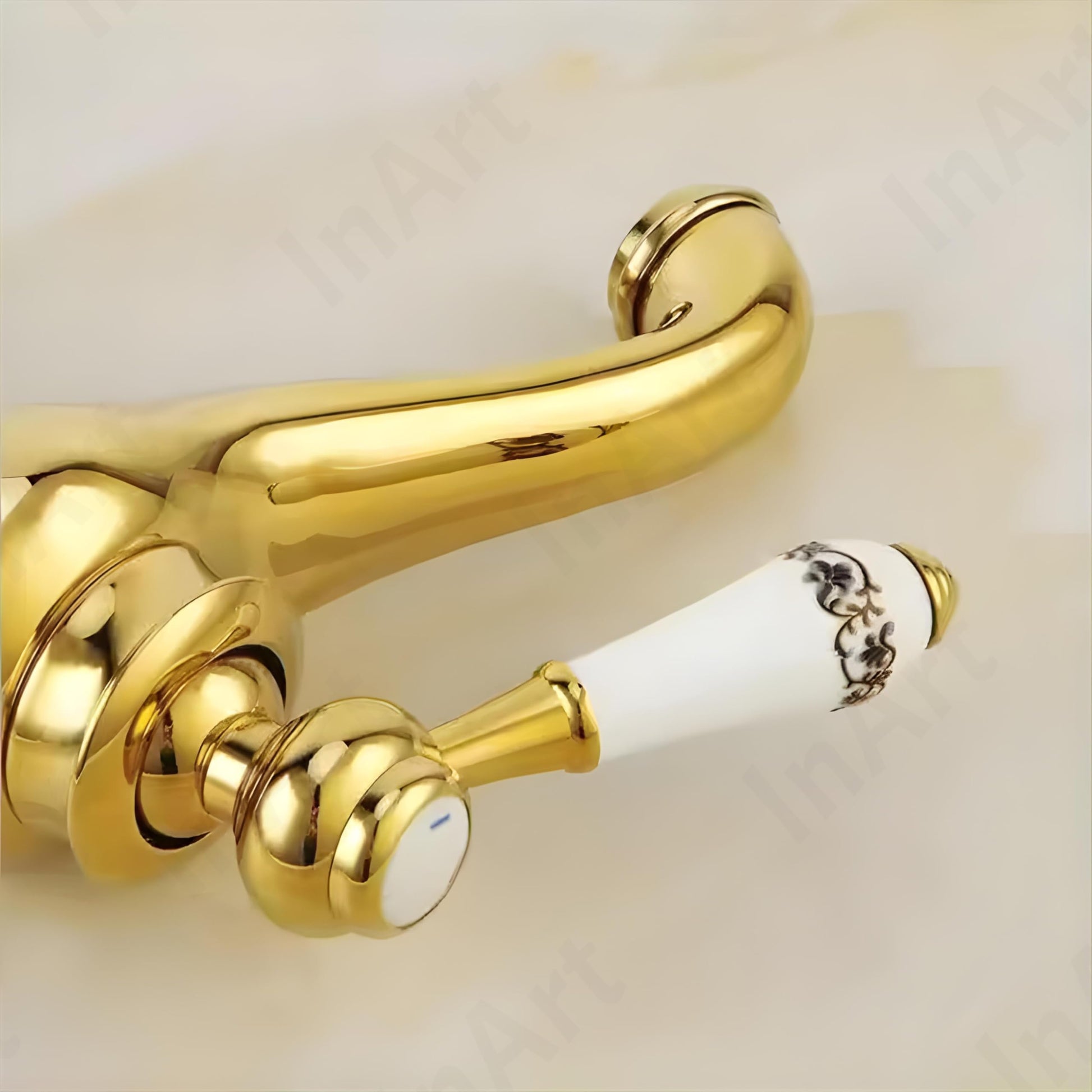Antique gold basin mixer tap side angle showing designer wash basin tap gold finish and smooth single lever handle