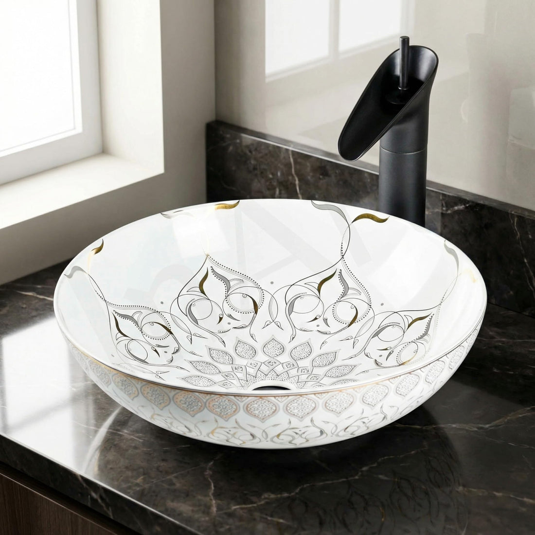 washbasindesign InArt ceramic round table top wash basin in glossy white with gold rim, main view