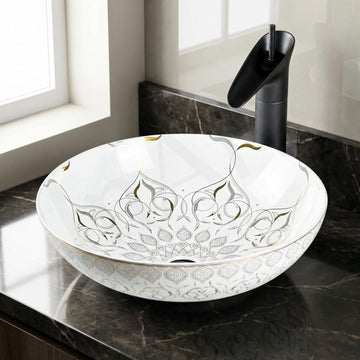 washbasindesign InArt ceramic round table top wash basin in glossy white with gold rim, main view