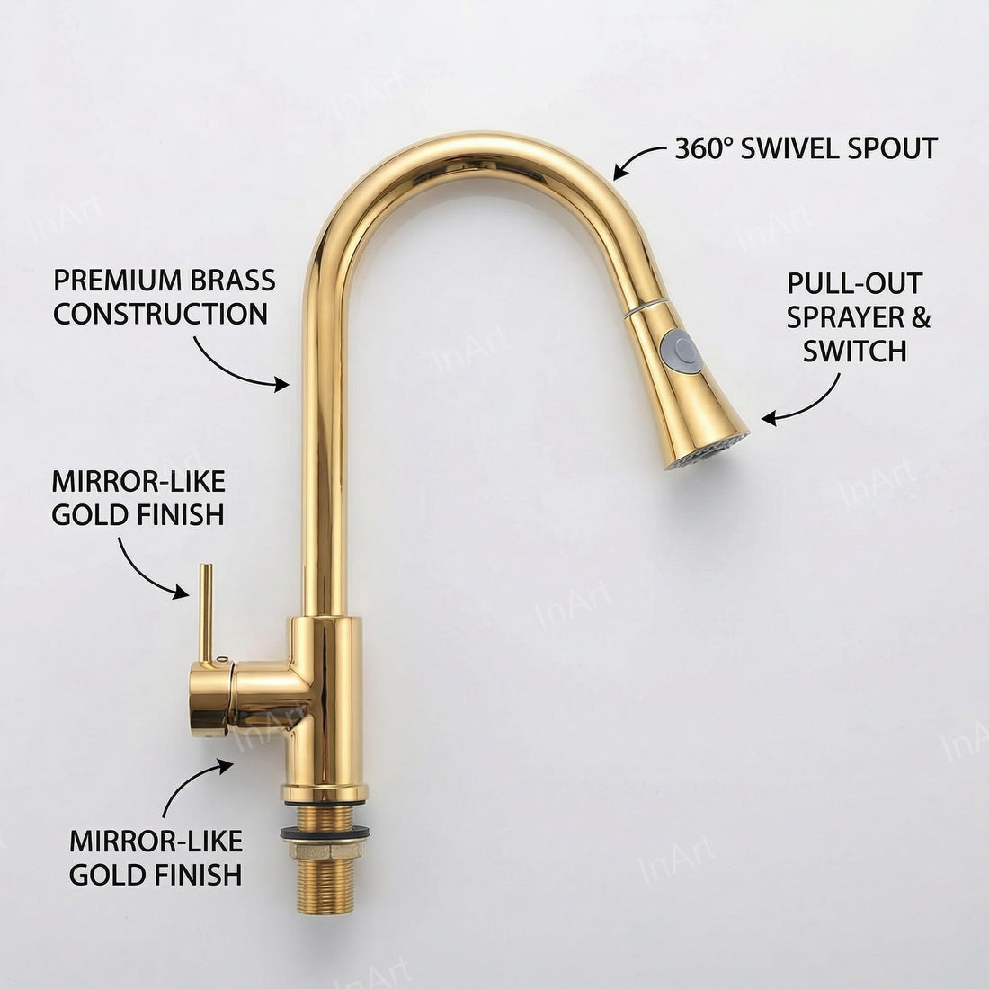 InArt brass kitchen faucet with sprayer, gold high-arc 360° swivel pull-out kitchen sink tap