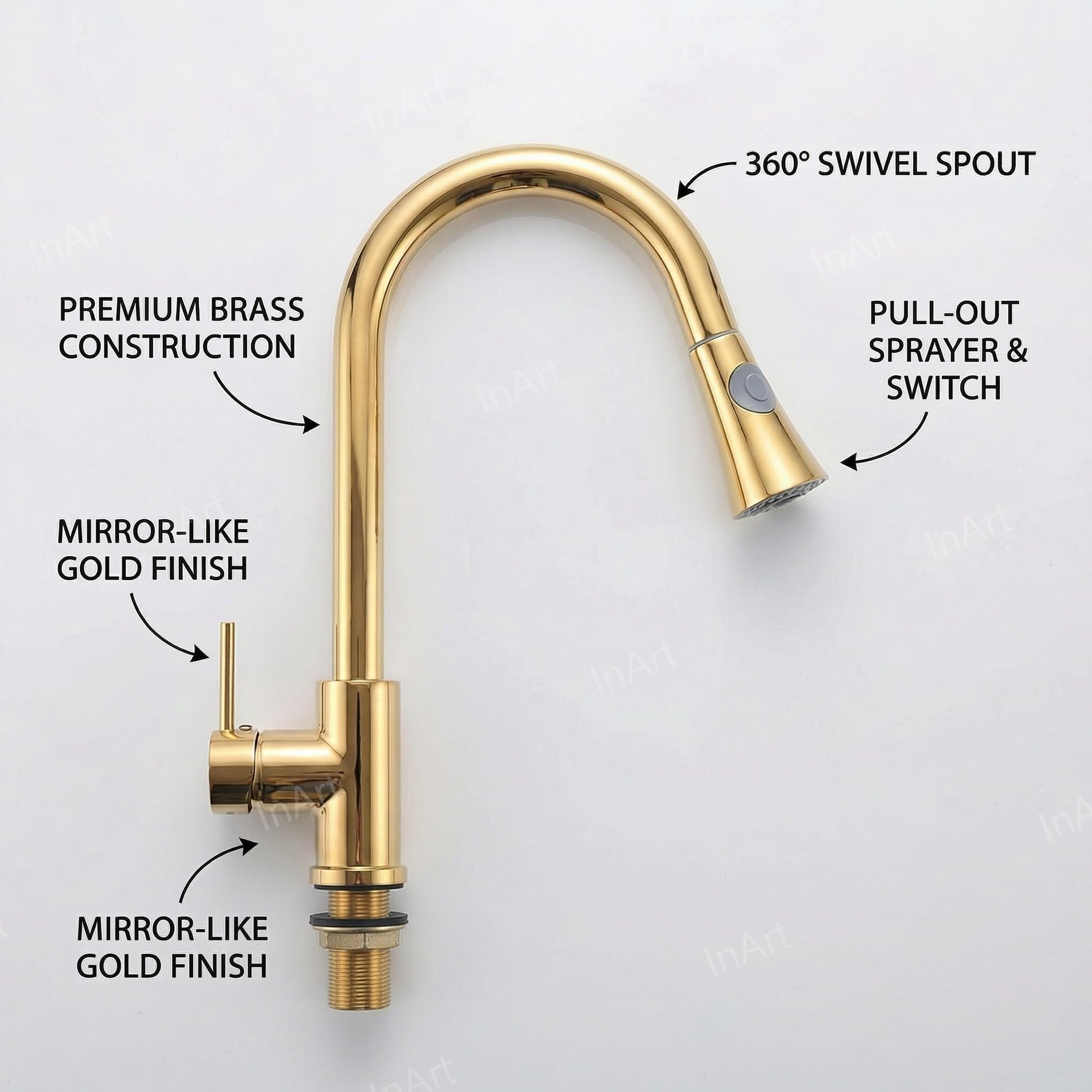 Gold pull down kitchen faucet, side angle view of high-arc gooseneck single lever sink mixer tap