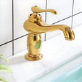 InArt hot and cold water mixer for wash basin with waterfall spout, gold finish brass tap in bathroom interior