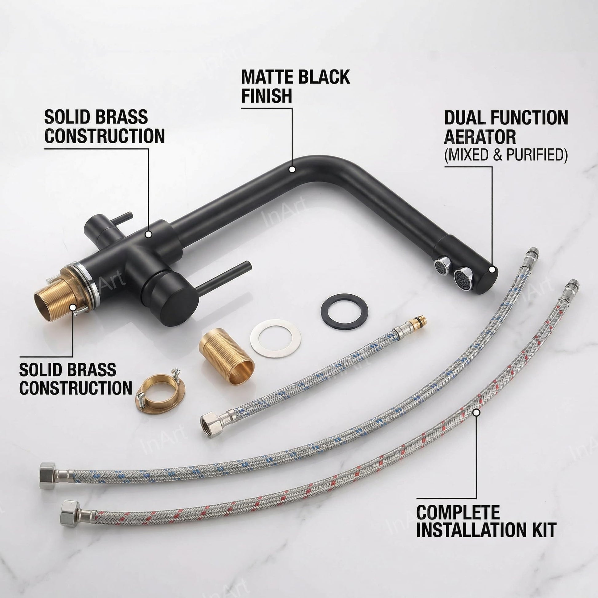 Black gooseneck mixer tap for kitchen sink, dual lever deck mounted brass tap, side angle view