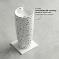 Pedestal wash basin designs for modern bathroom interior, glossy white round ceramic standing basin with print