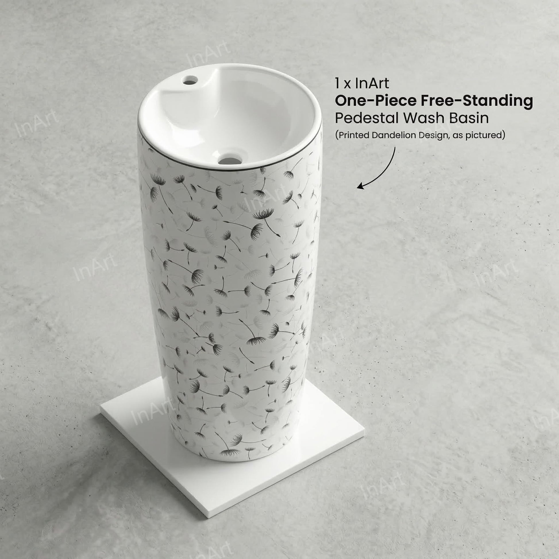 Pedestal wash basin designs for modern bathroom interior, glossy white round ceramic standing basin with print
