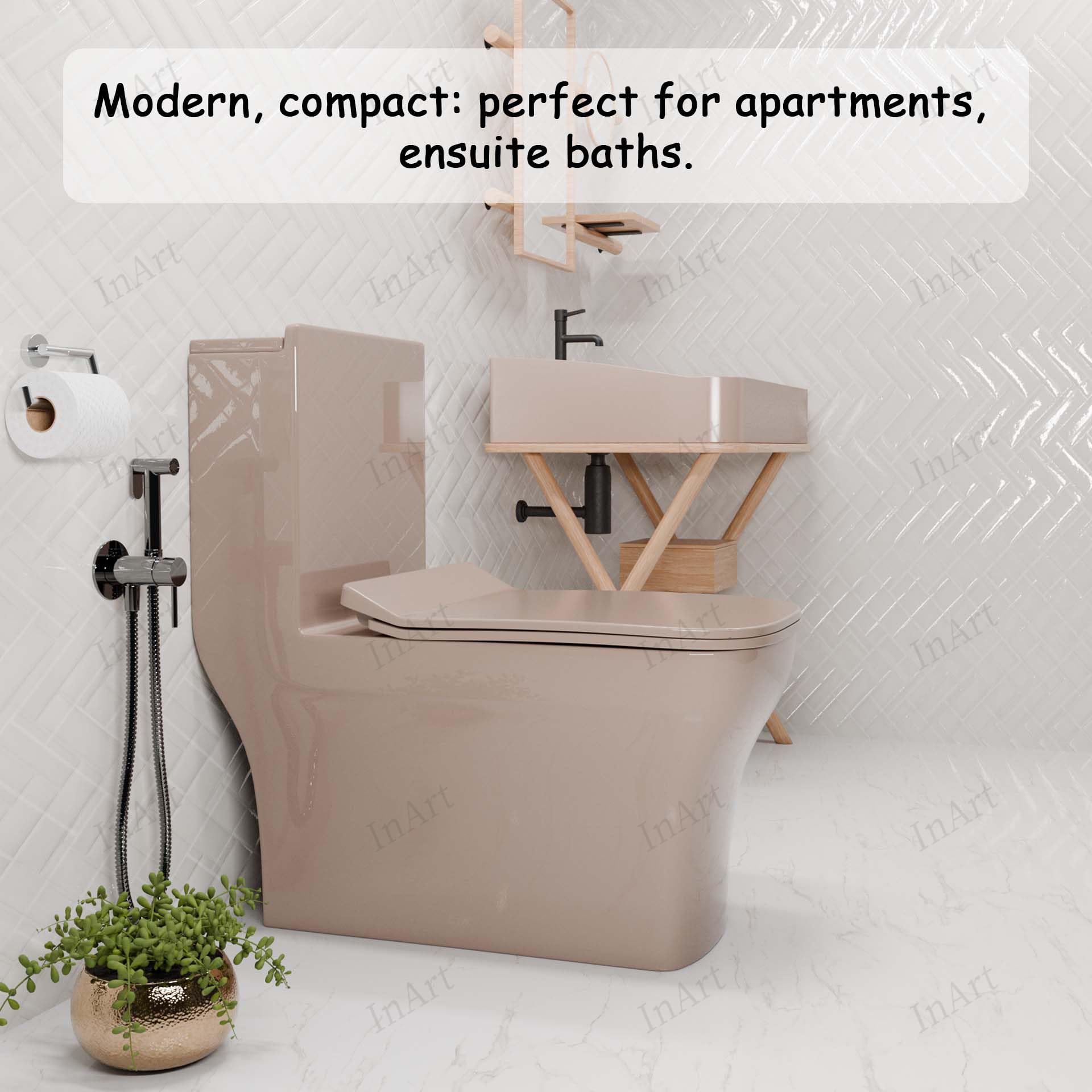 Close-up of soft close toilet seat on InArt pink ceramic one piece closet, easy clean finish