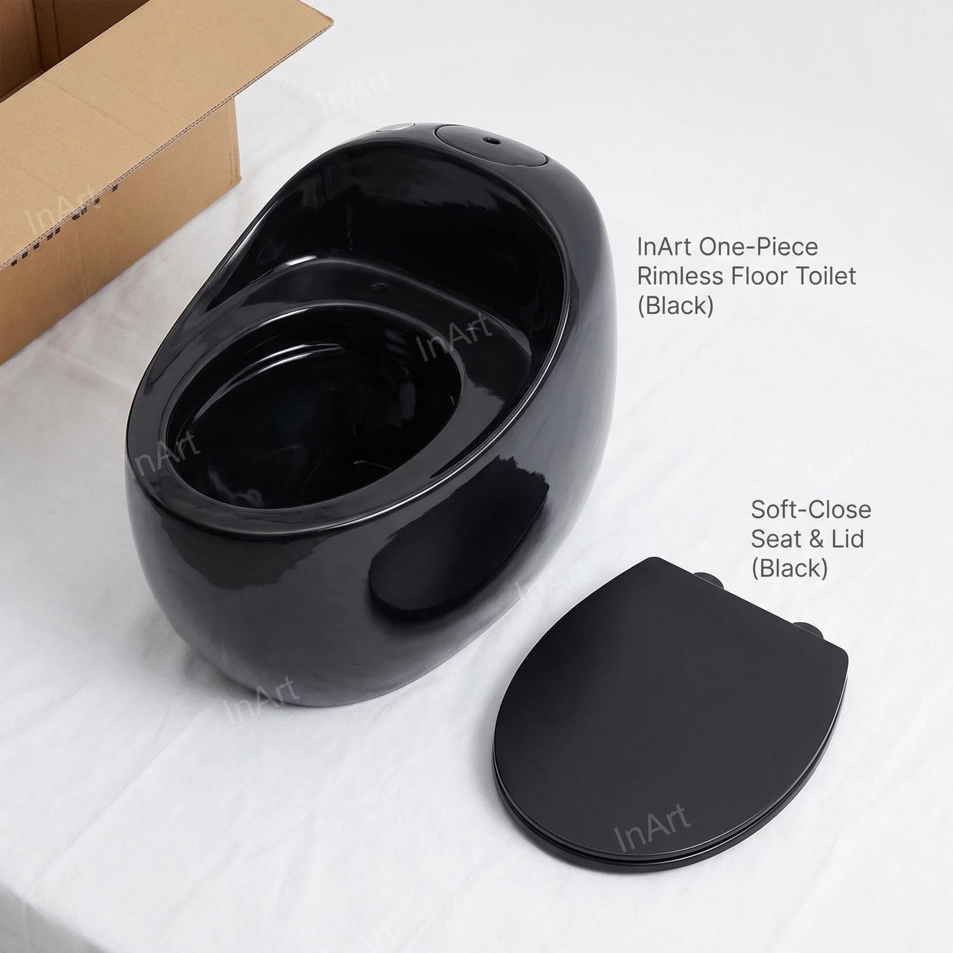 InArt black ceramic rimless commode, oval one piece floor mounted western toilet with smooth glossy finish