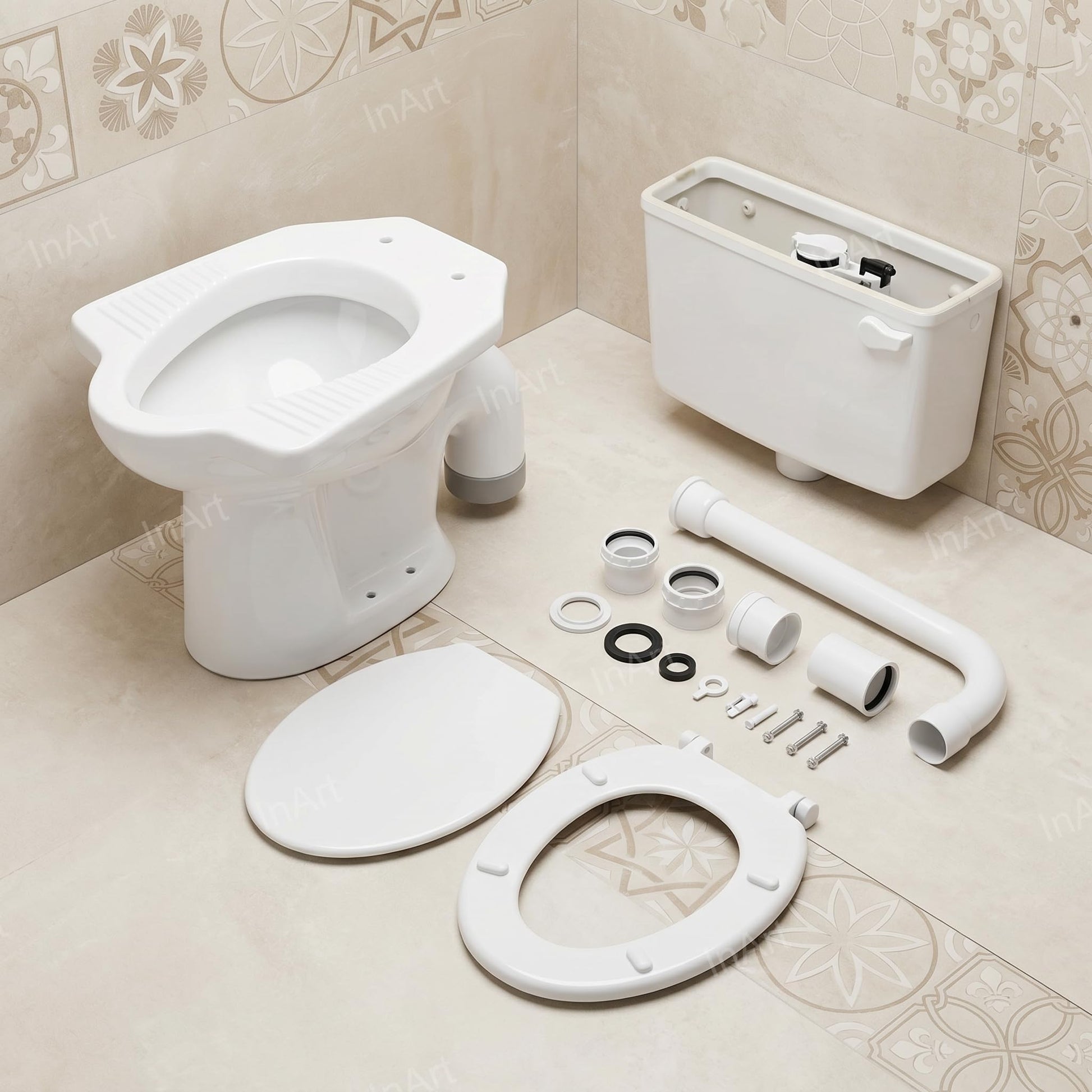 InArt glossy white ceramic commode, top view of square seat cover fit and water closet bowl opening