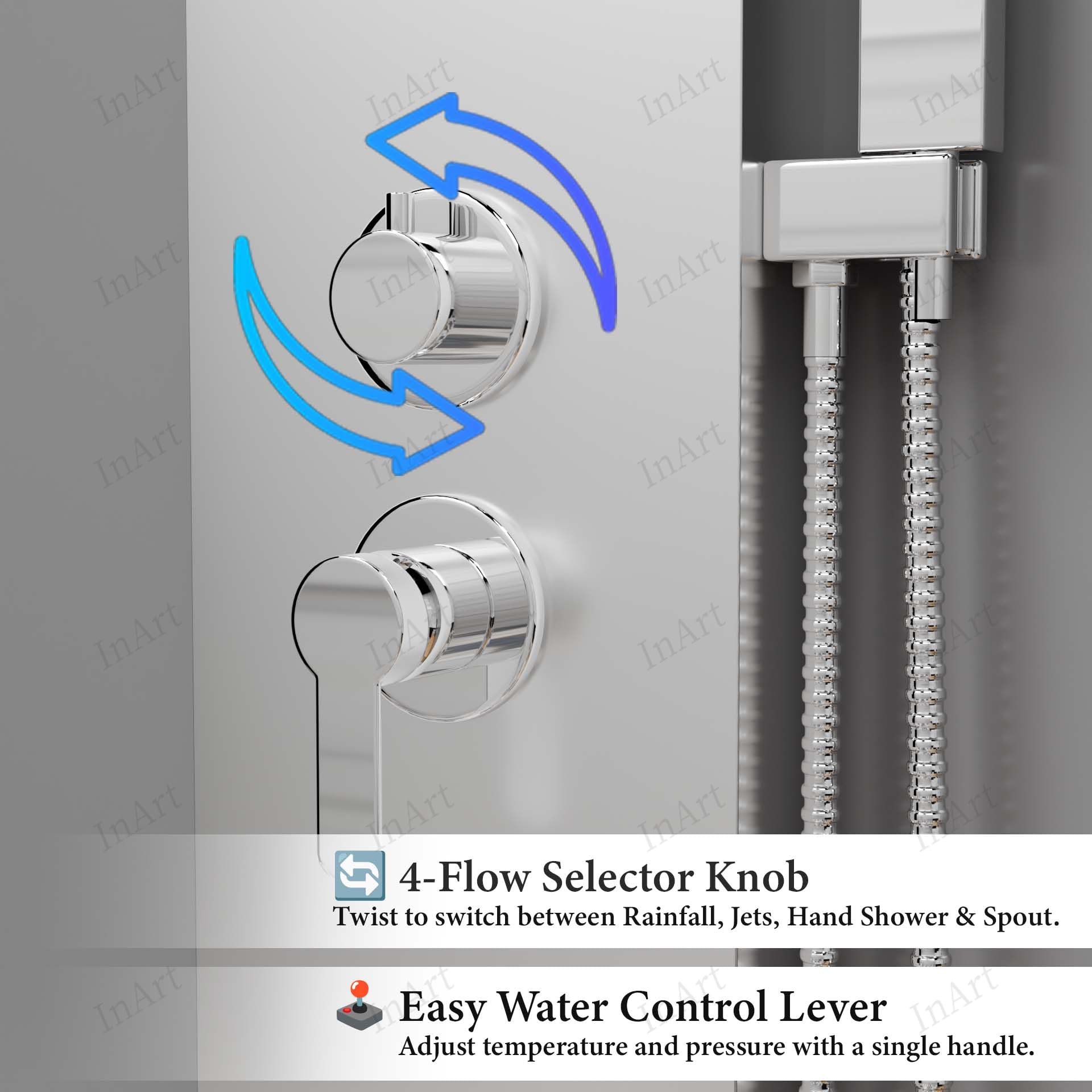 Tub spout detail on InArt shower panel with mixer, chrome finish water outlet for bath and shower use