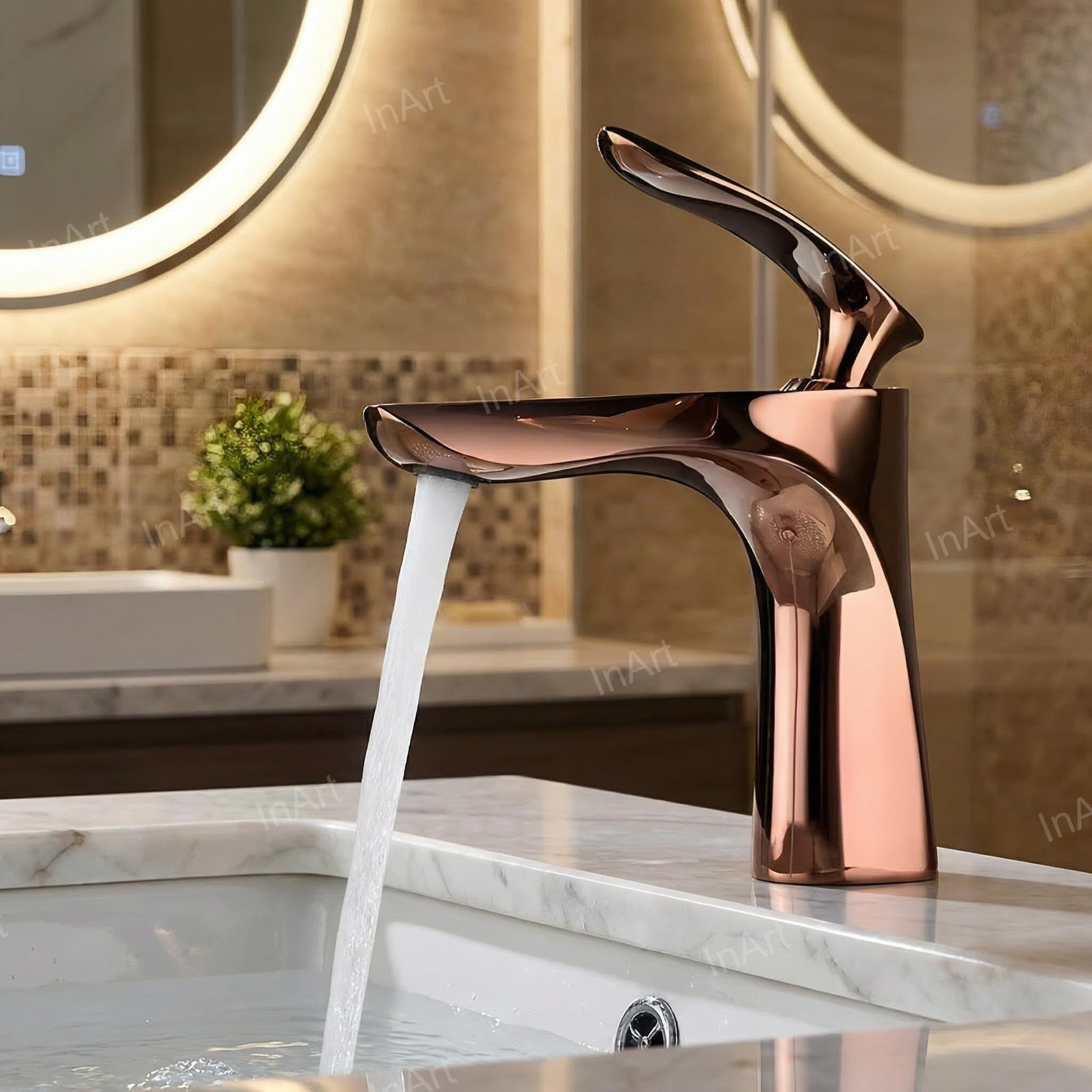 InArt brass basin tap with smooth single lever handle, rose gold plated finish close-up