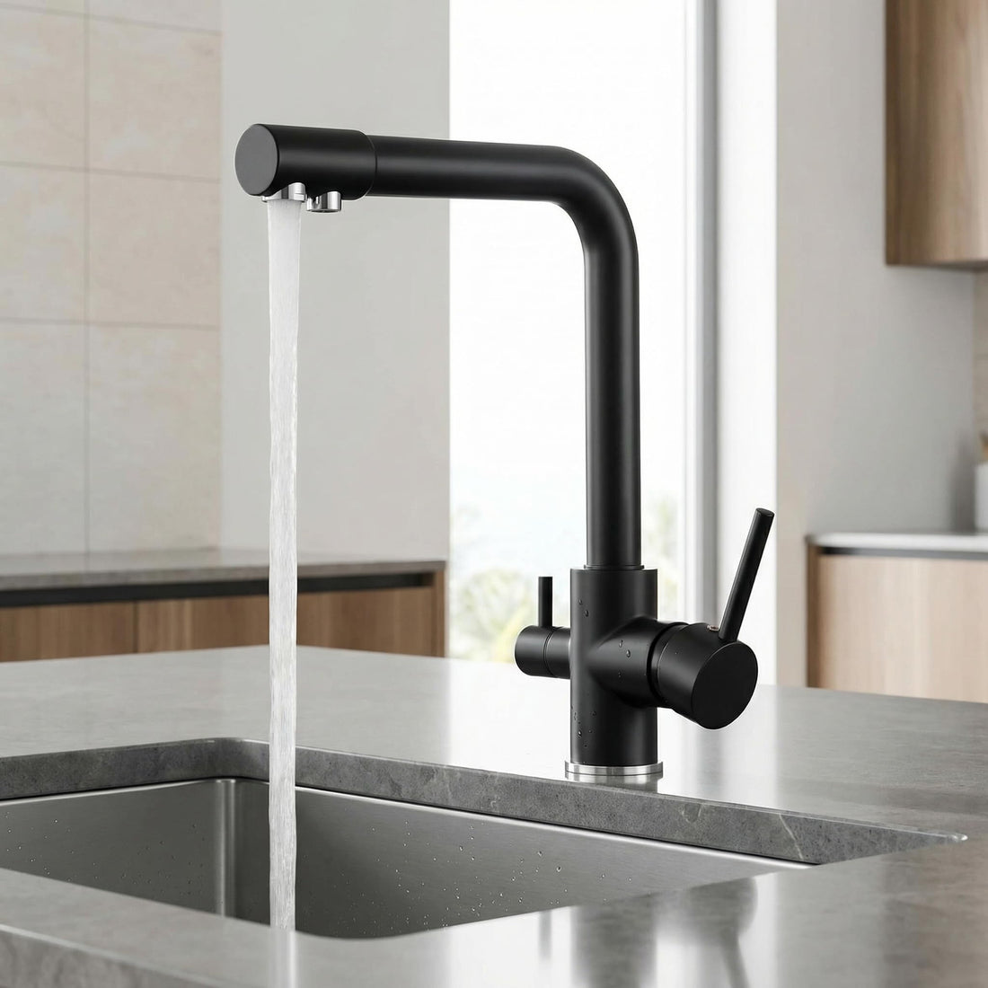 InArt swan tap in matte black brass, 360° swivel spout 3-way water filter kitchen sink tap, deck mounted