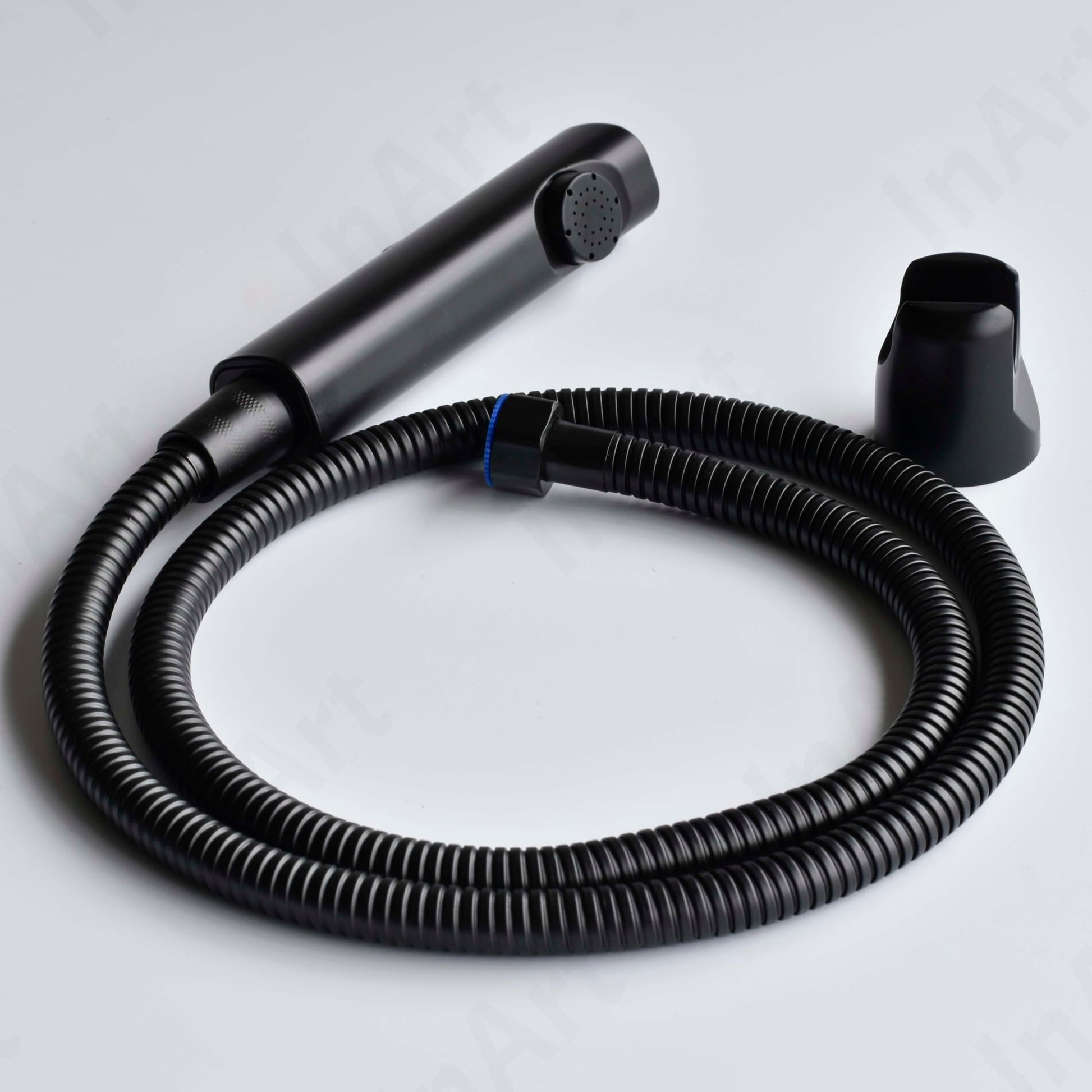 InArt jet spray for toilet angled view, ABS matte black health faucet set with lever and 1.2 metre pipe